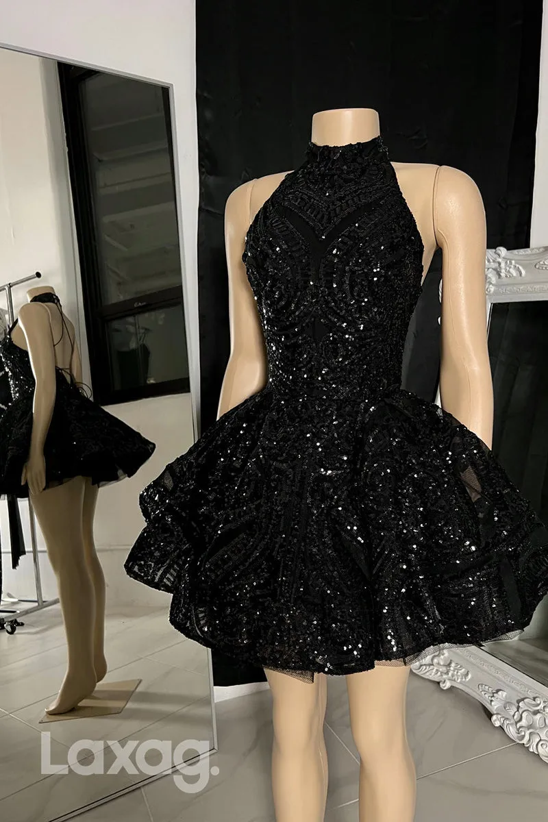 22553 - A-Line High Neck Backless Tulle Sequins Prom Dresses for Black Girl Slay