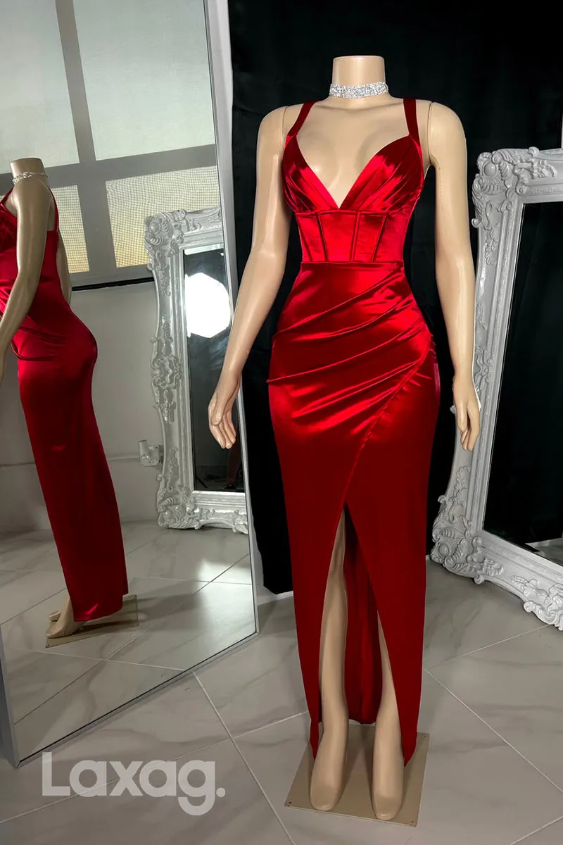 22556 - Spaghetti Straps Sleek Satin Prom Dresses for Black Girl Slay with Slit