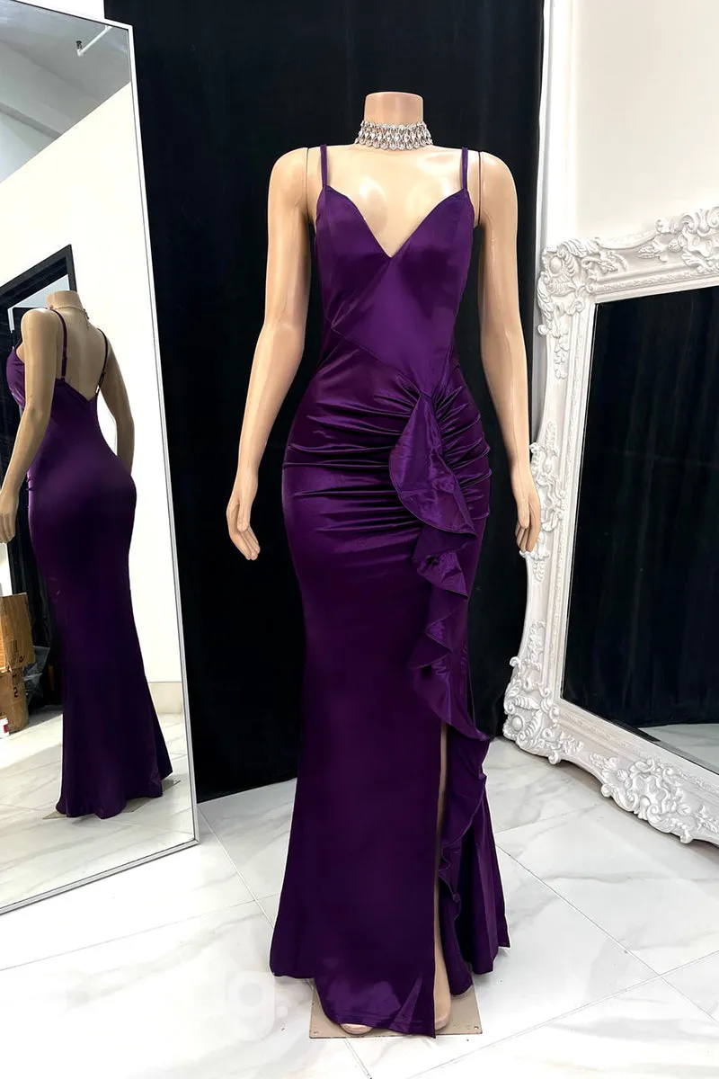 22584 - Spaghetti Straps Draped Sleek Satin Prom Dresses for Black Girl Slay with Slit