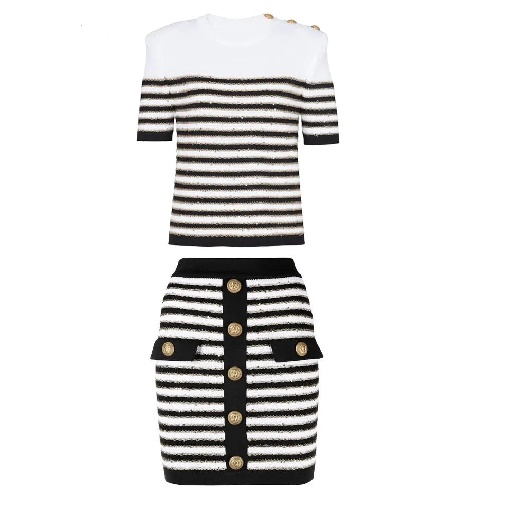 2Pcs Striped Gold Thread Knitted Sweater & Skirt Set