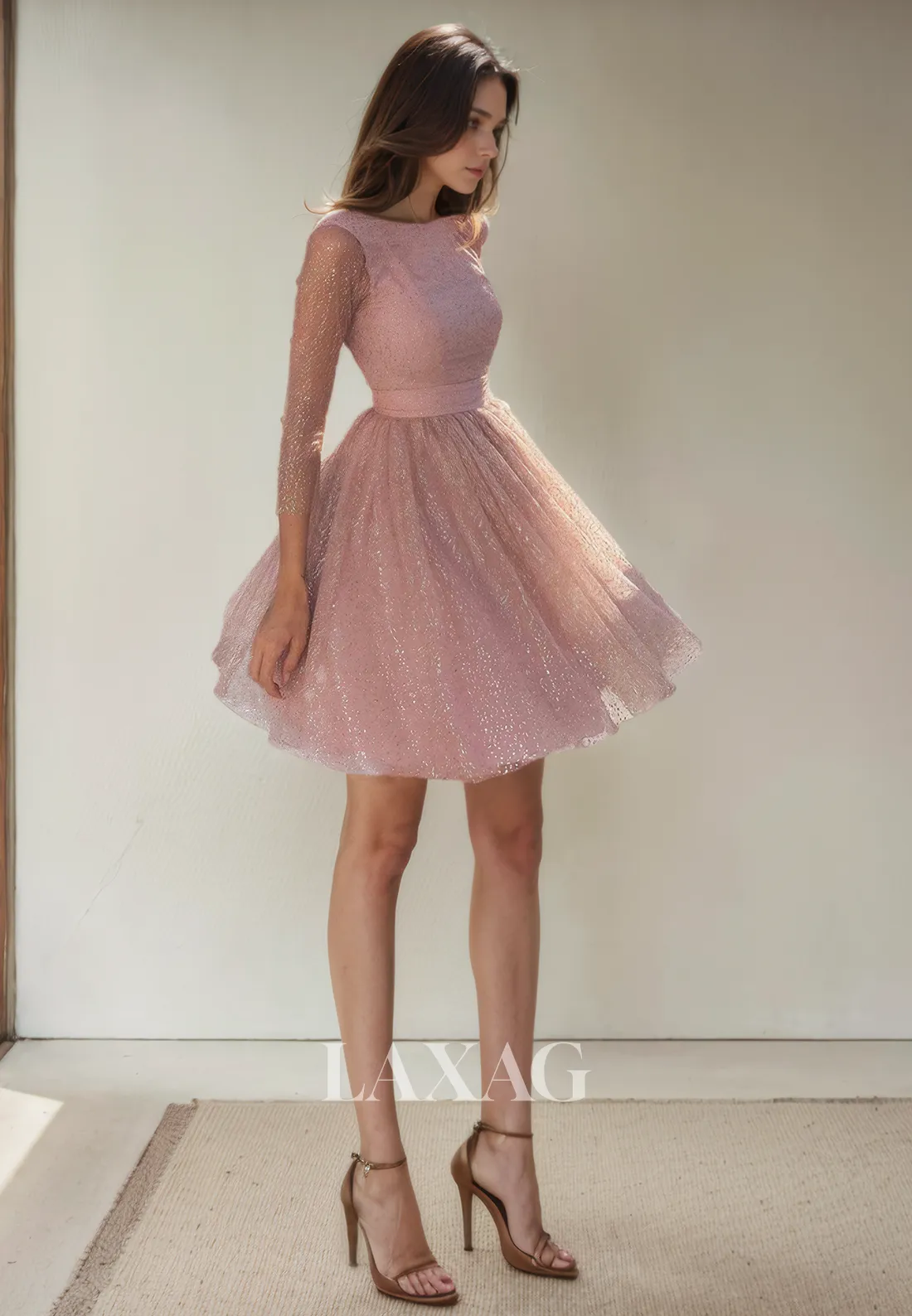 A-Line Bateau Long Sleeves Open Back Glitter Tulle Party Homecoming Dress