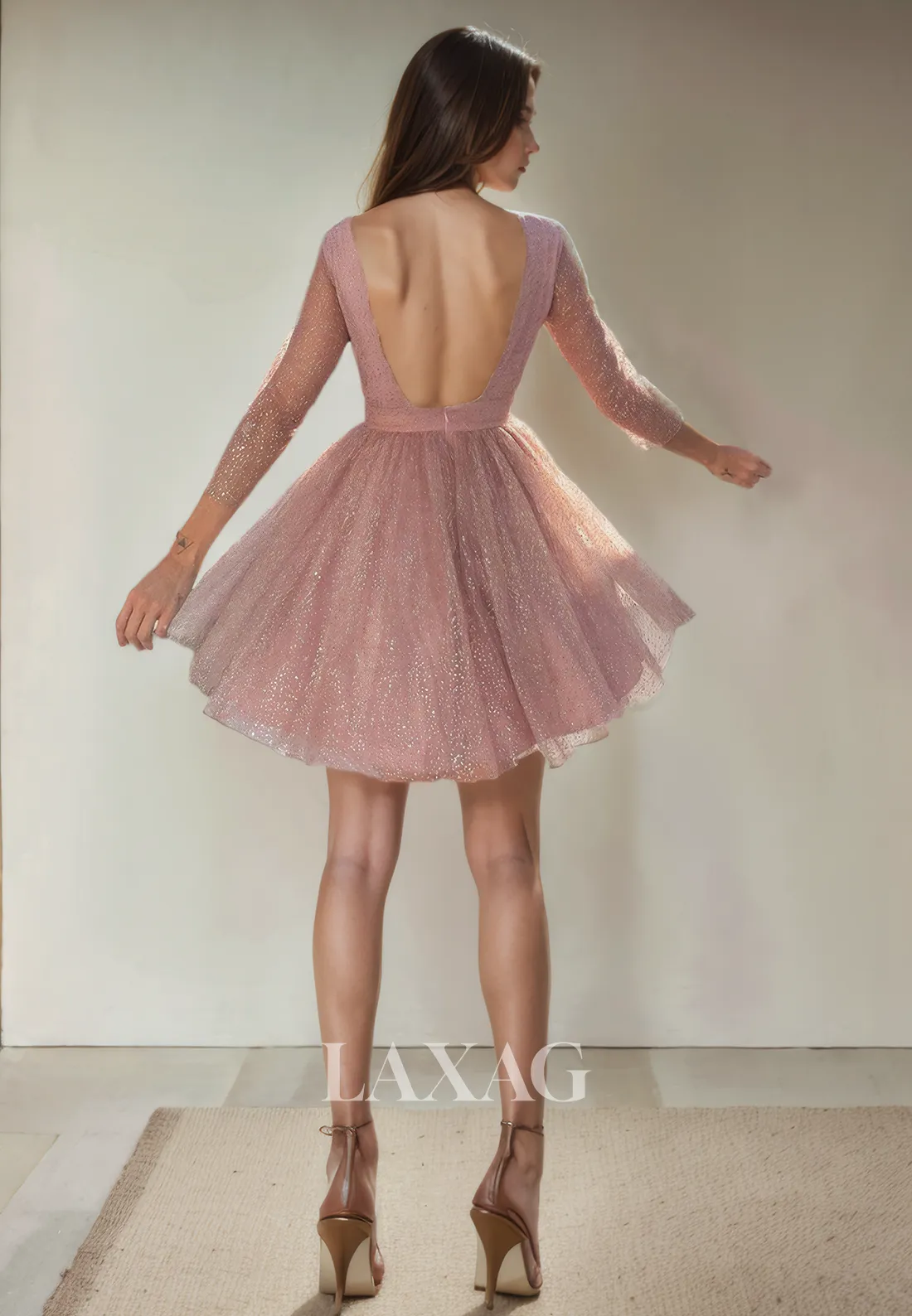 A-Line Bateau Long Sleeves Open Back Glitter Tulle Party Homecoming Dress