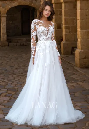 A-Line Long Sleeves Tulle Lace Elegant Wedding Dress with Train