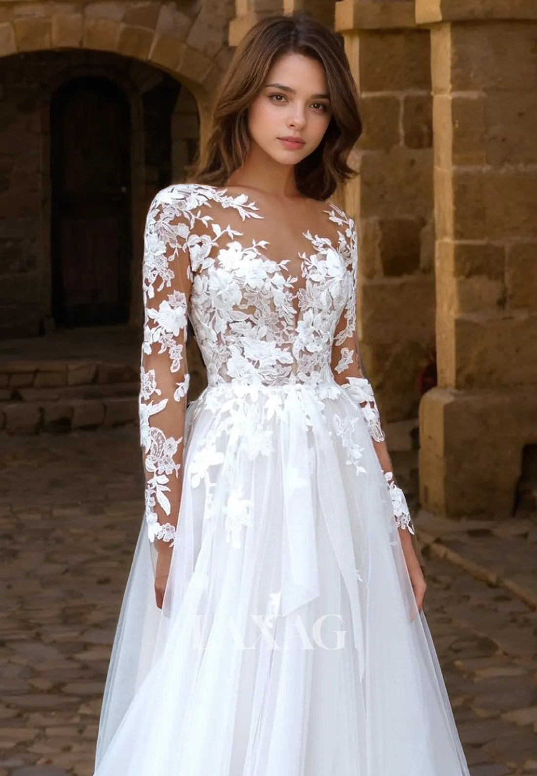 A-Line Long Sleeves Tulle Lace Elegant Wedding Dress with Train