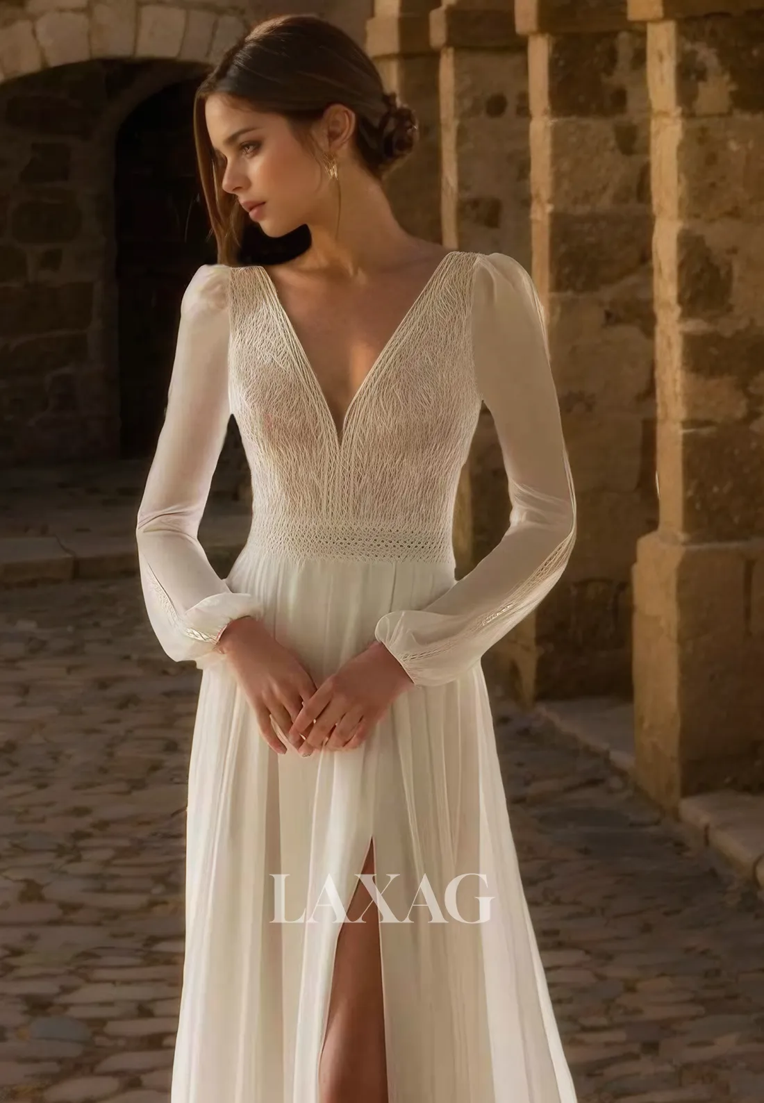 A-Line Long Sleeves V-Neck Chiffon Elegant Wedding Dress with Slit and Train