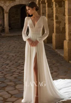 A-Line Long Sleeves V-Neck Chiffon Elegant Wedding Dress with Slit and Train