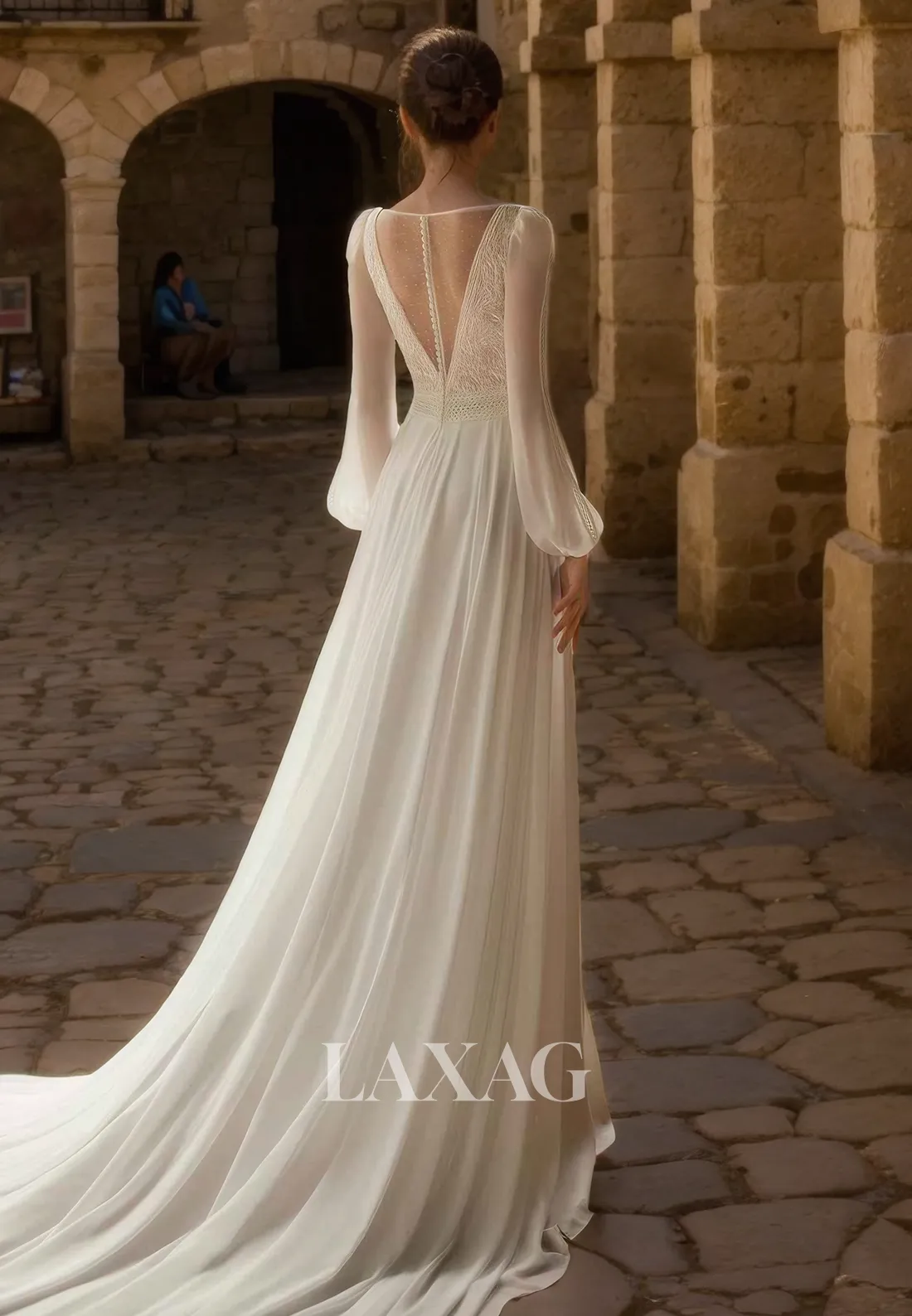 A-Line Long Sleeves V-Neck Chiffon Elegant Wedding Dress with Slit and Train