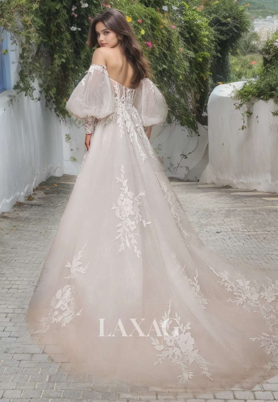 A-Line Off Shoulder Sweetheart Tulle Appliques Wedding Dress with Train