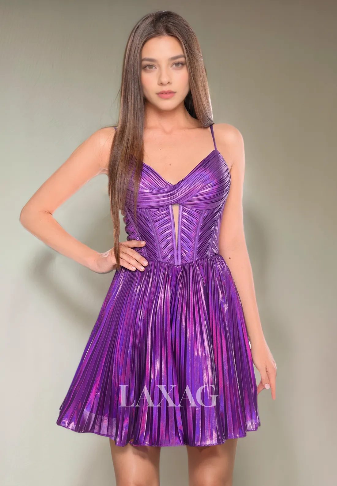 A-Line Spaghetti Straps Cutout Metallic Sleek Satin Party Homecoming Dress