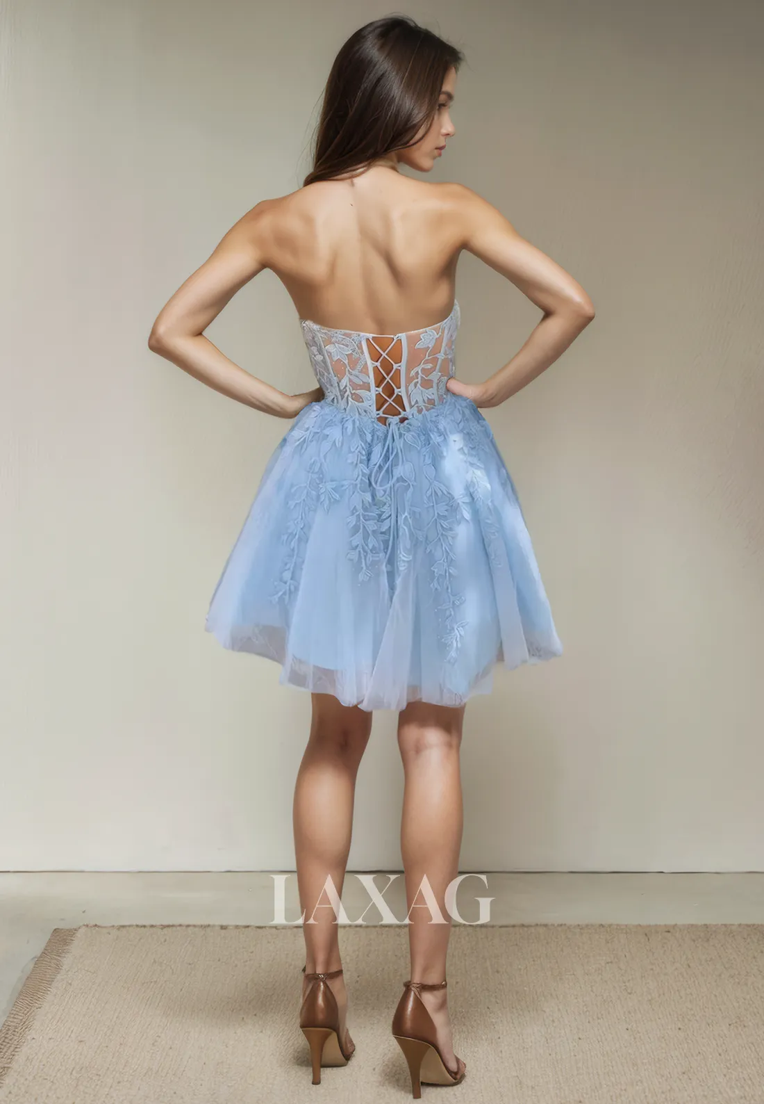 A-Line Strapless Lace Appliques Tulle Glitter Party Homecoming Dress