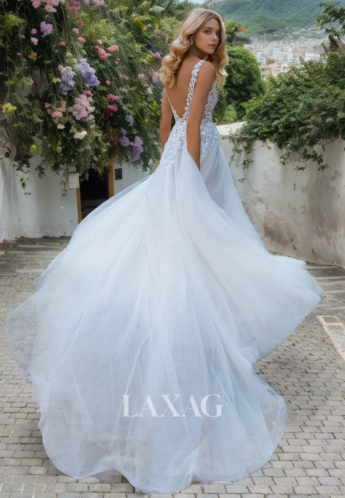 A-Line Straps Backless Sequins Tulle High Slit Wedding Dress with Train