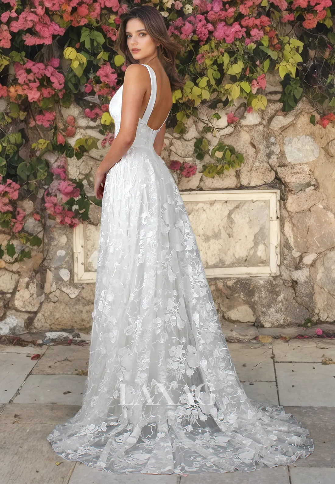 A-Line V-Neck Backless Lace Tulle Sleek Satin High Slit Wedding Dress with Train