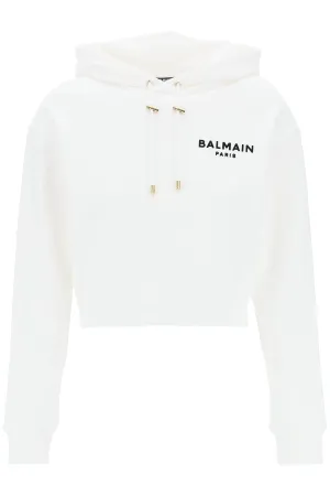 BALMAIN cropped hoodie with flocked logo