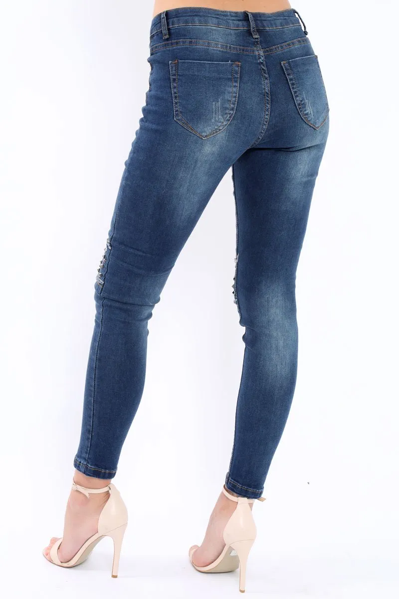 Blue Embellished Knees Denim Jeans - Kadi