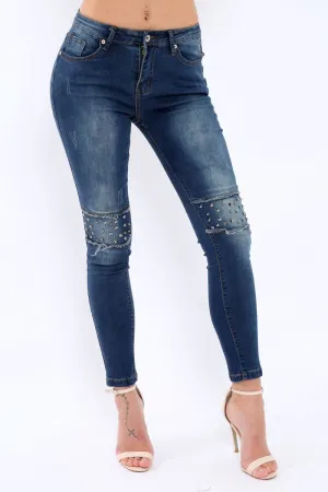 Blue Embellished Knees Denim Jeans - Kadi