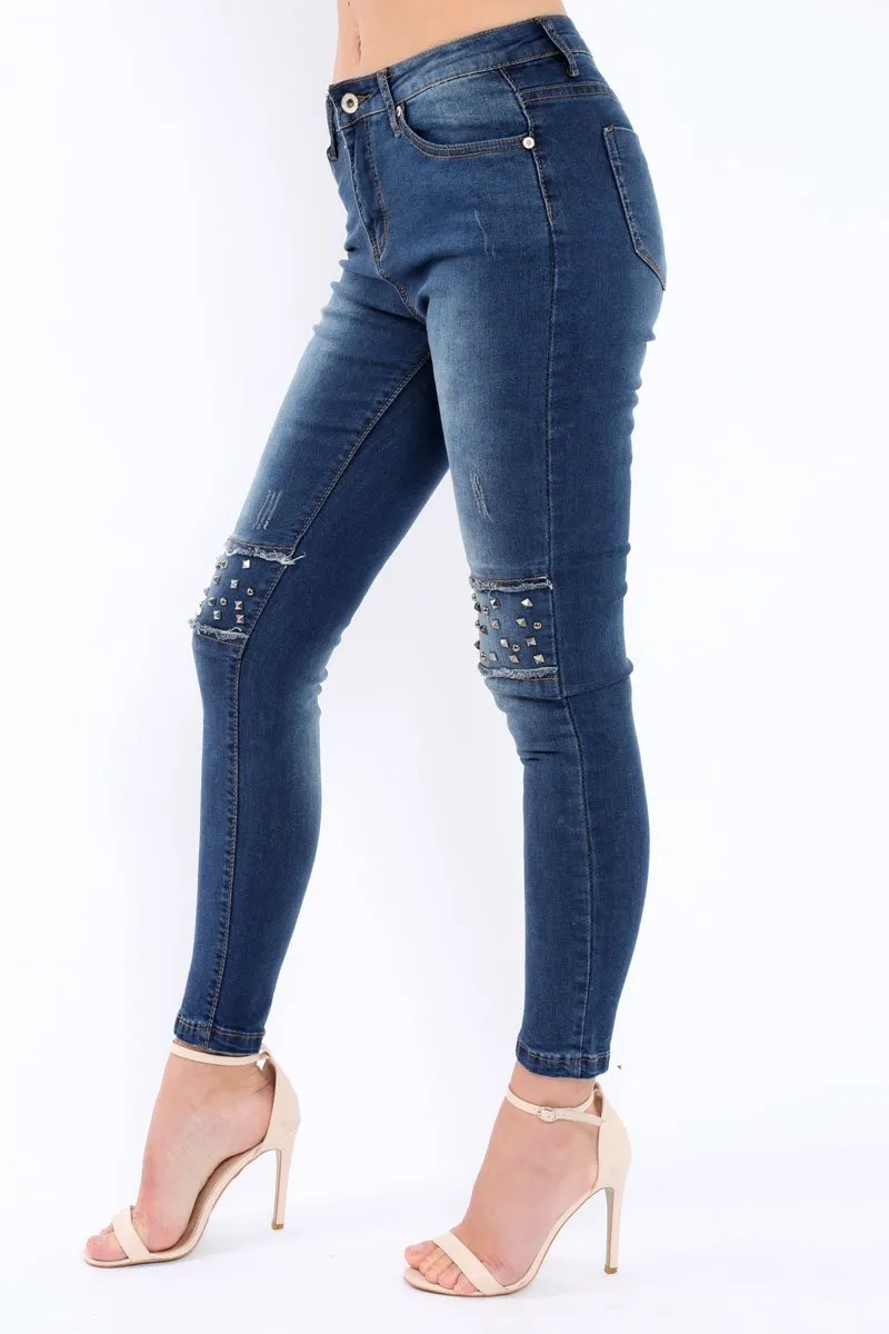 Blue Embellished Knees Denim Jeans - Kadi