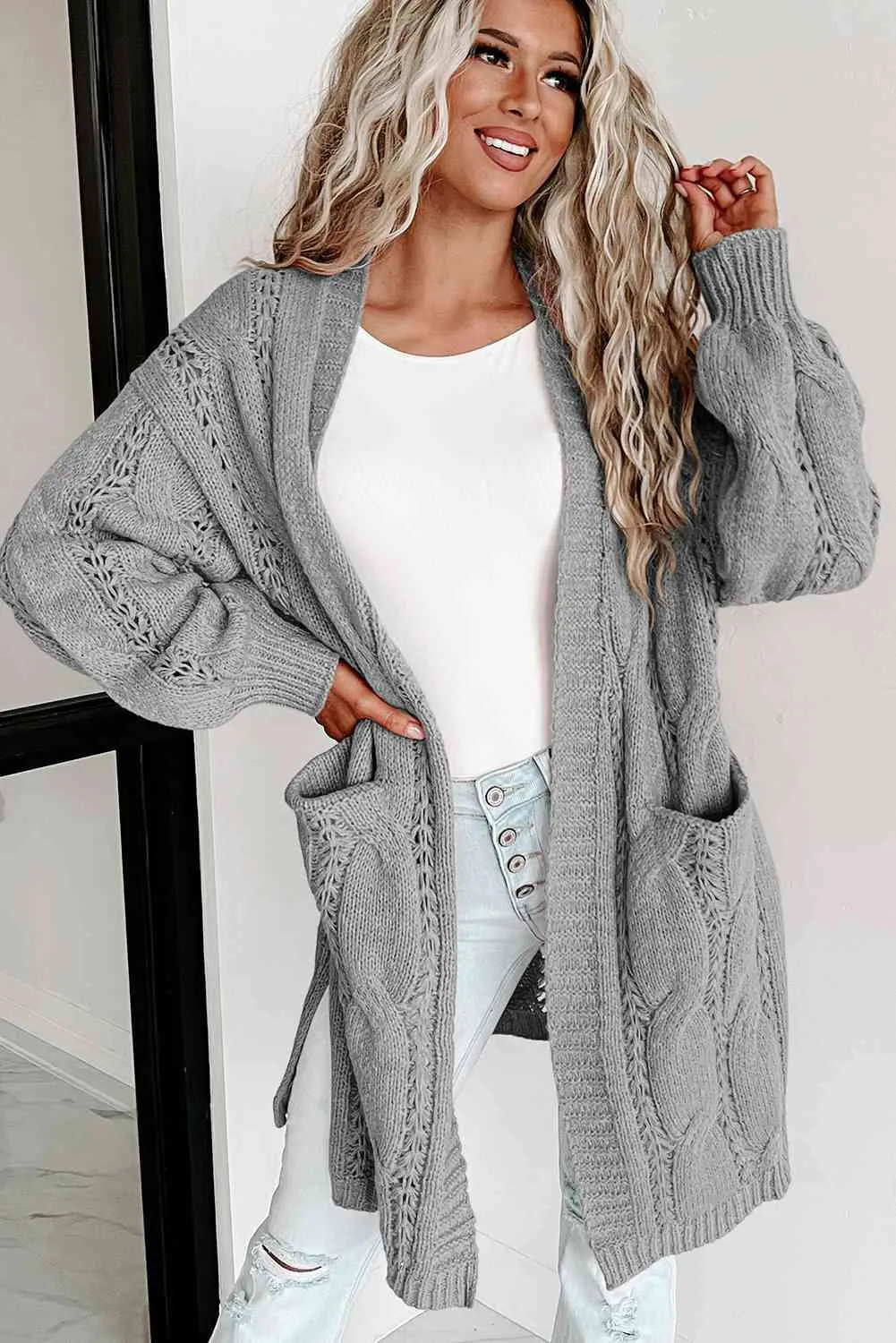 Cable-Knit Dropped Shoulder Slit Cardigan