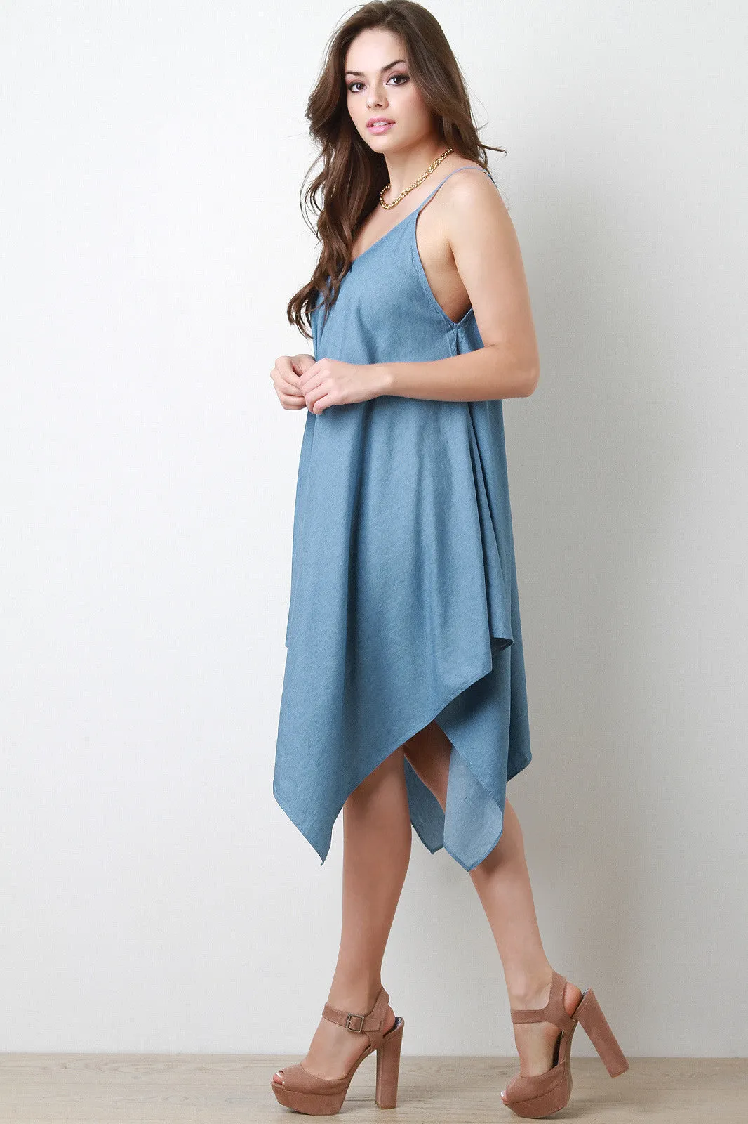 Chambray Spaghetti Strap Handkerchief Hem Dress