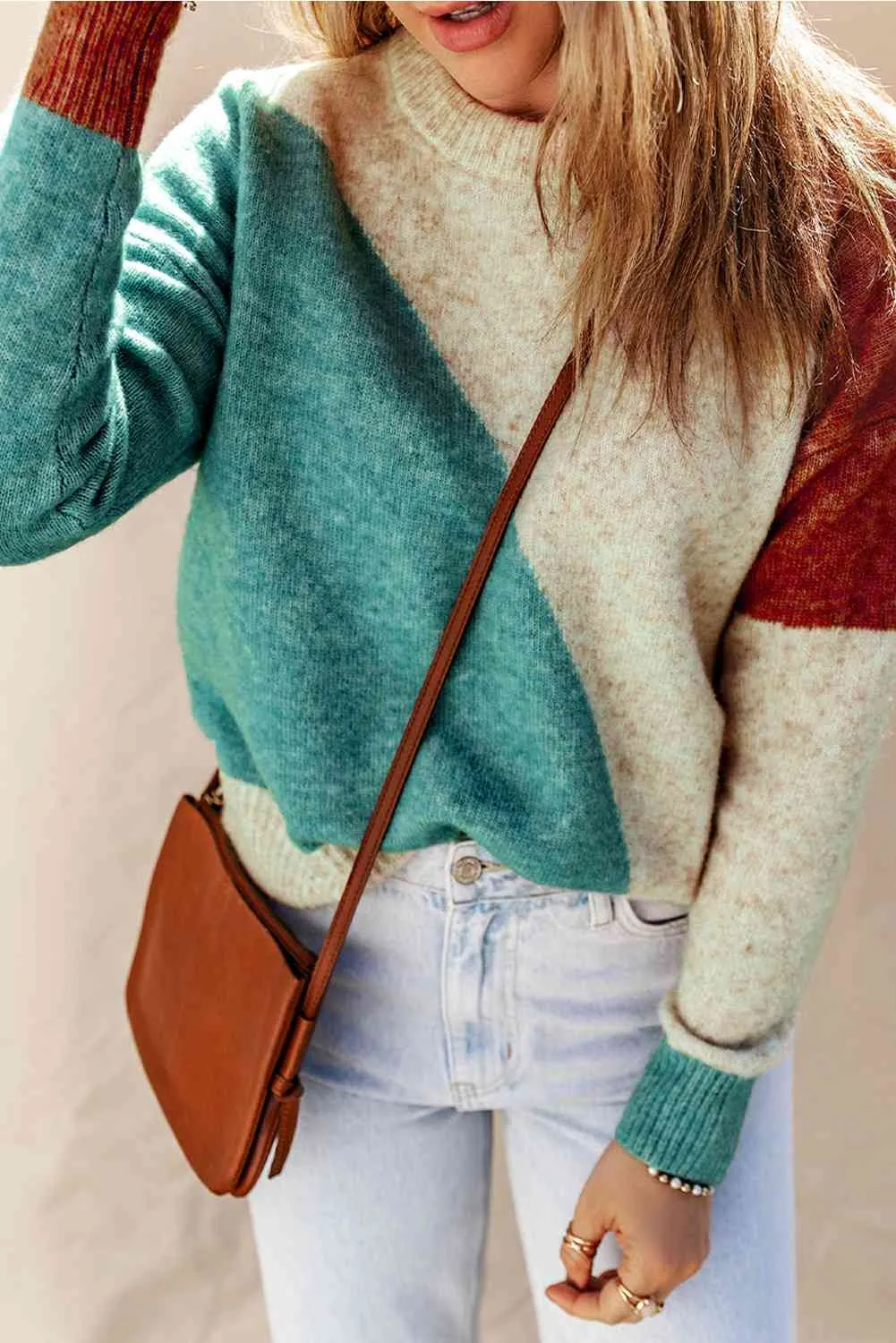 Color Block Round Neck Dropped Shoulder Pullover Sweater