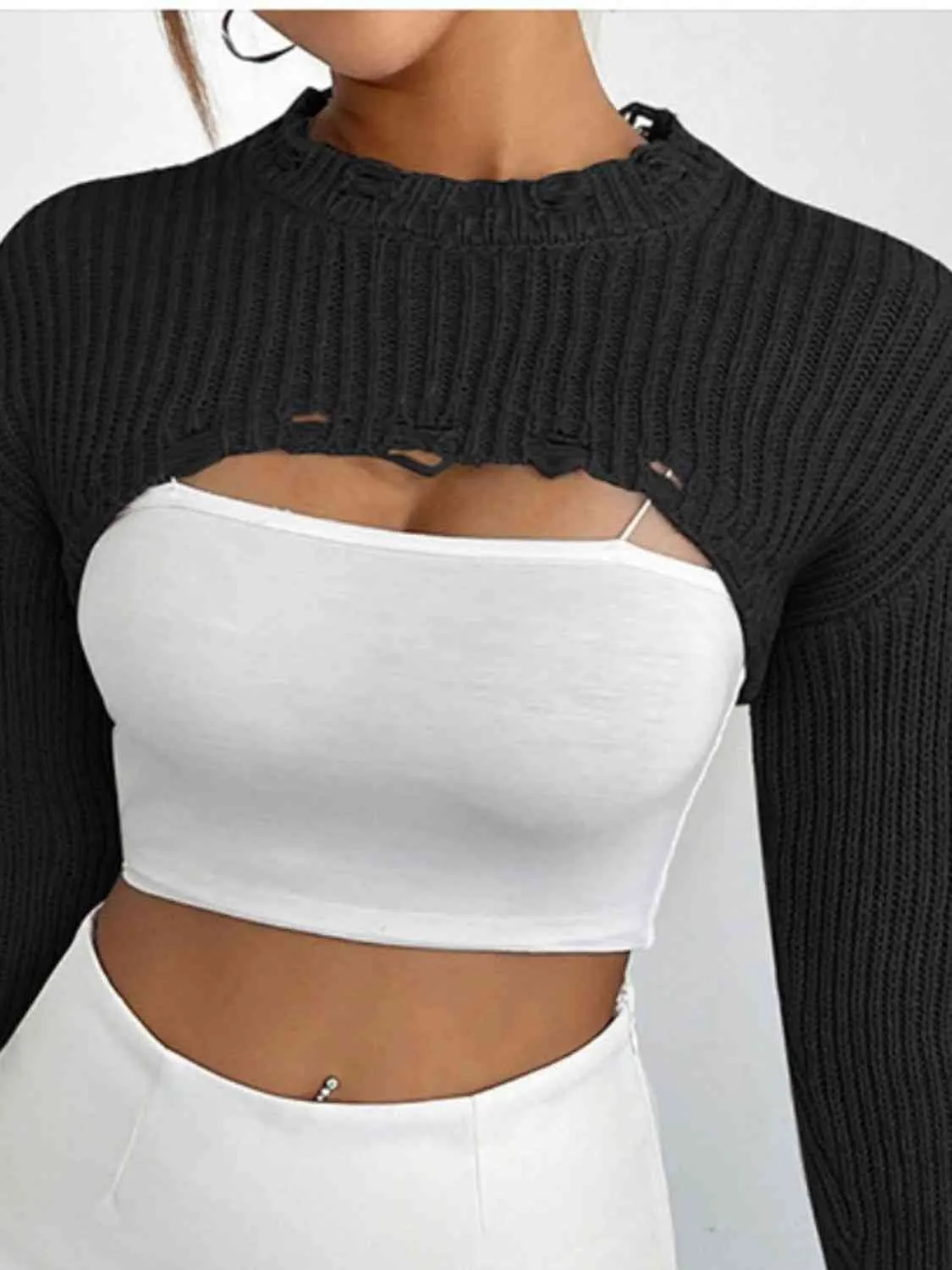 Distressed Long Sleeve Cropped Sweater