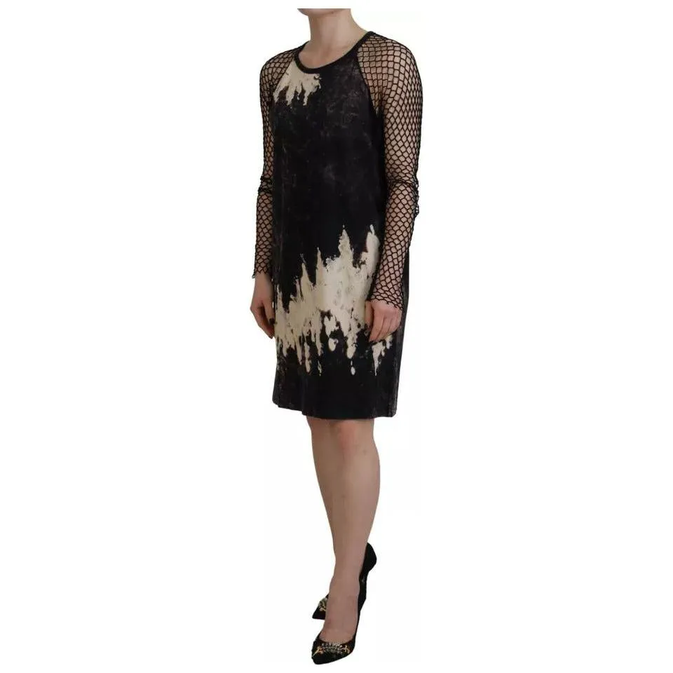 Dsquared² Black Tie Dye Mesh Long Sleeves Cotton Shift Dress