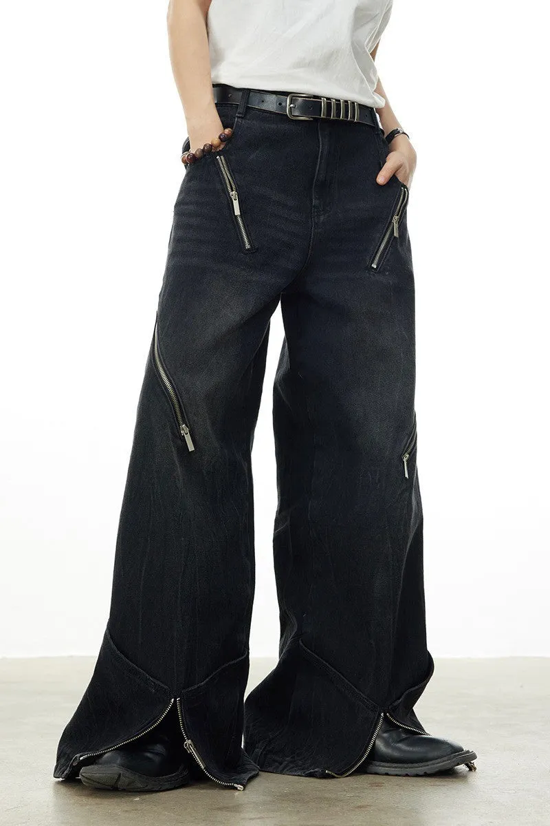 Edgy Multi-Zip Oversized Jeans