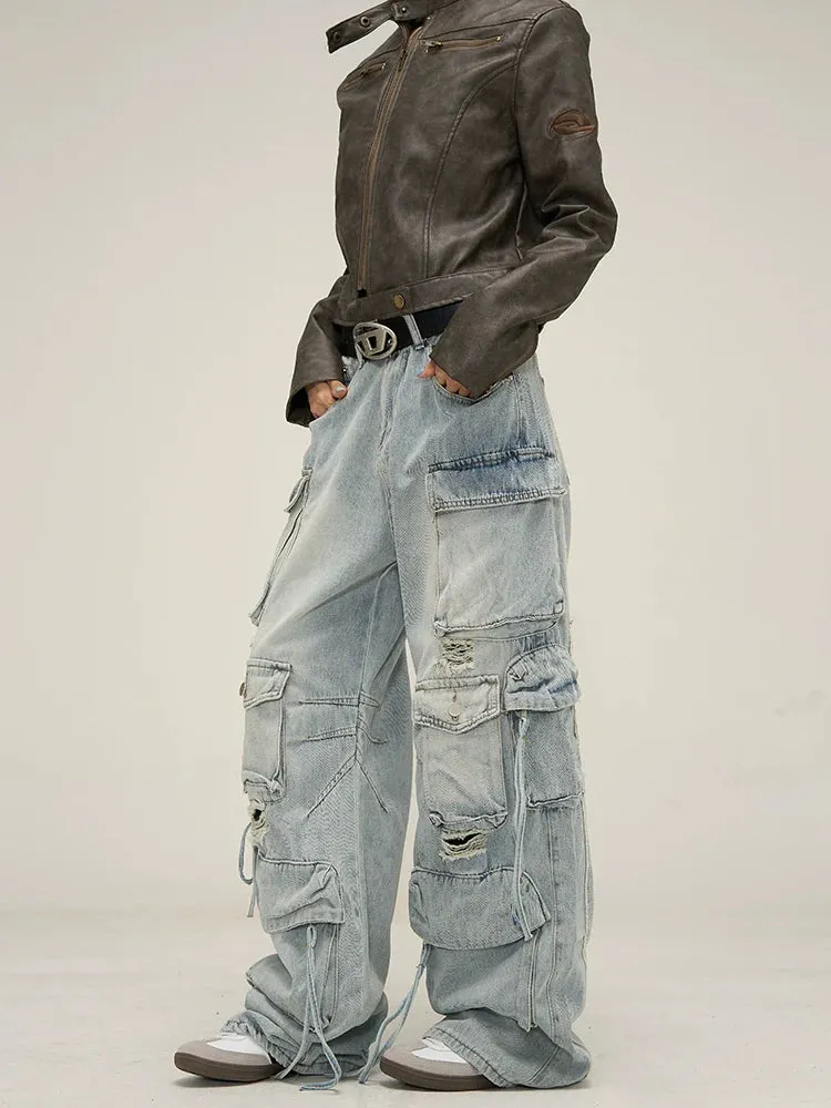 Edgy Wide-Leg Distressed Cargo Jeans