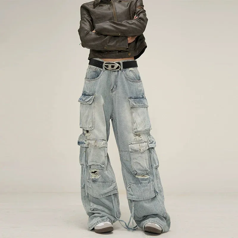 Edgy Wide-Leg Distressed Cargo Jeans