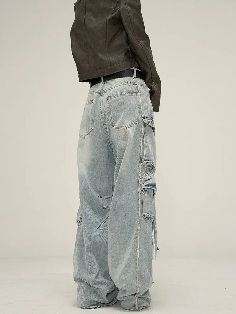 Edgy Wide-Leg Distressed Cargo Jeans