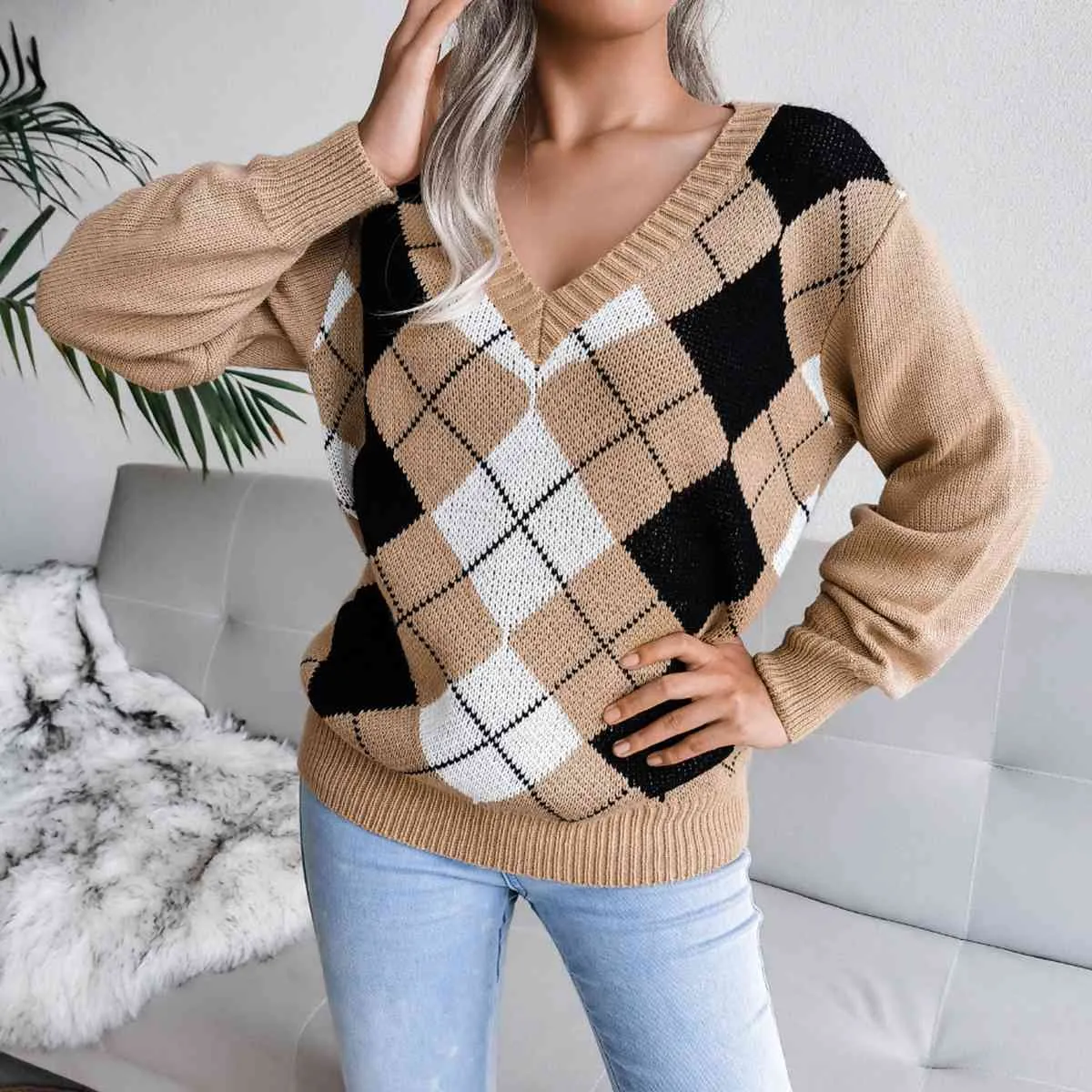 Geometric V-Neck Sweater