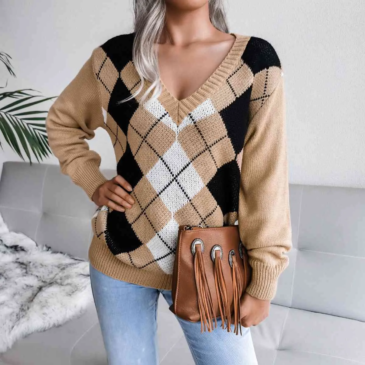 Geometric V-Neck Sweater