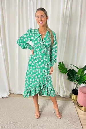 Green Daisy Print Wrap Midi Dress