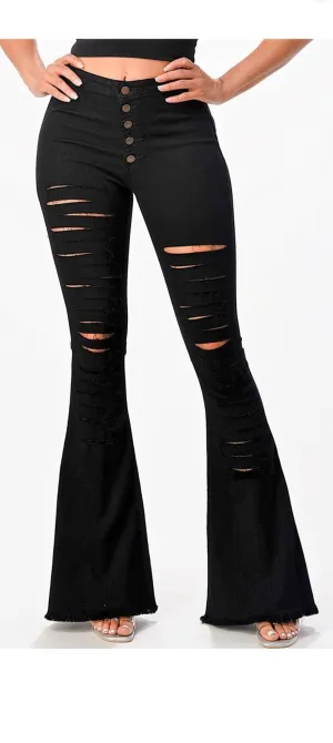 High Rise Destroyed Black Flare Jeans