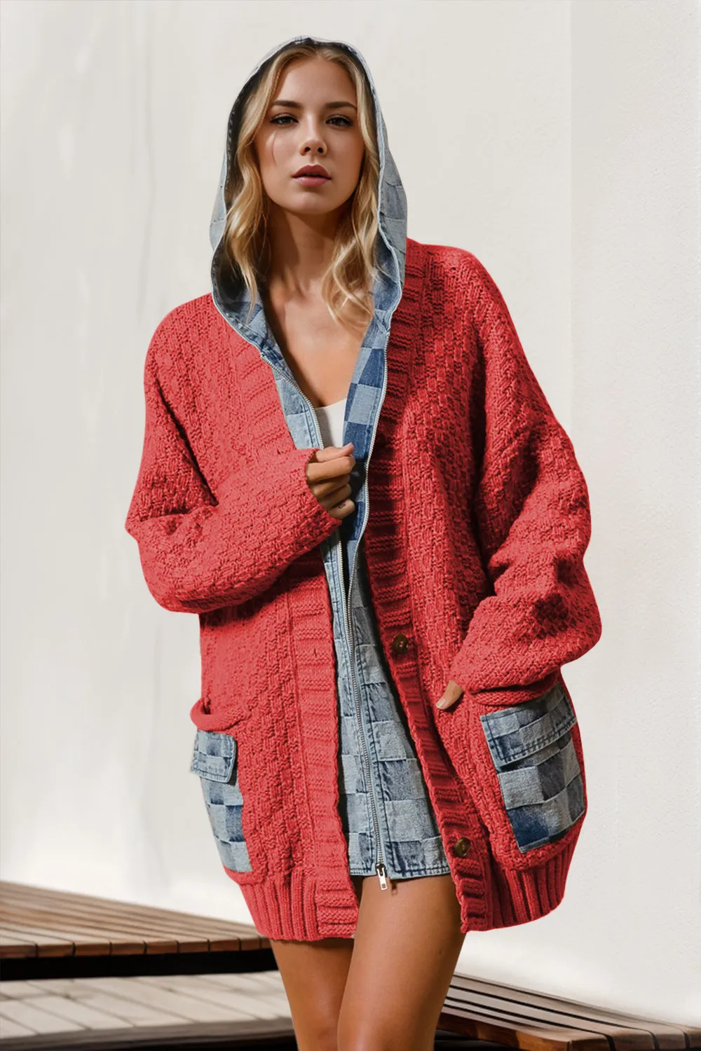 Hooded Denim Spliced Sweater Cardigan