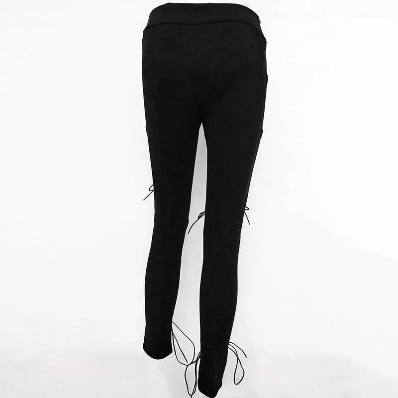 LACE-UP SUEDE SKINNY PANTS