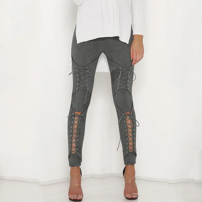 LACE-UP SUEDE SKINNY PANTS