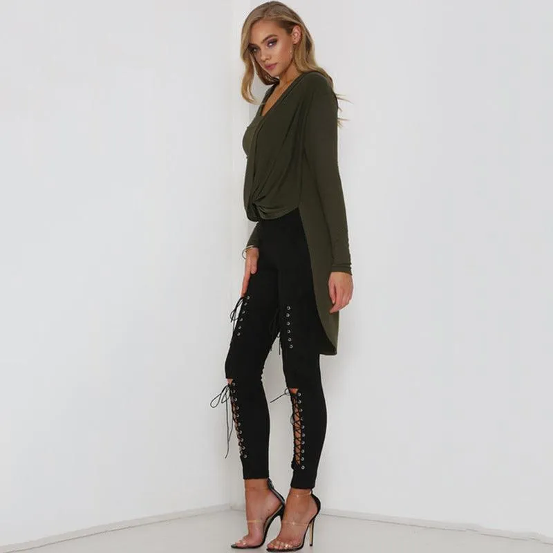 LACE-UP SUEDE SKINNY PANTS