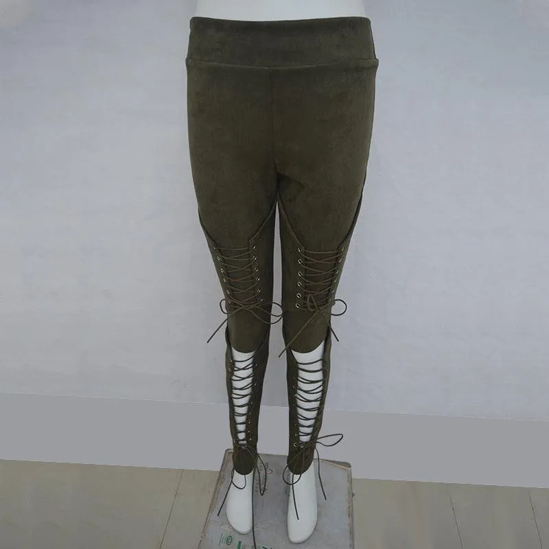 LACE-UP SUEDE SKINNY PANTS