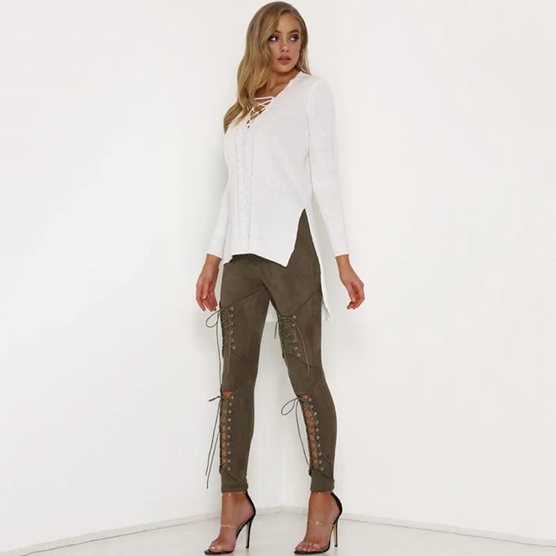 LACE-UP SUEDE SKINNY PANTS