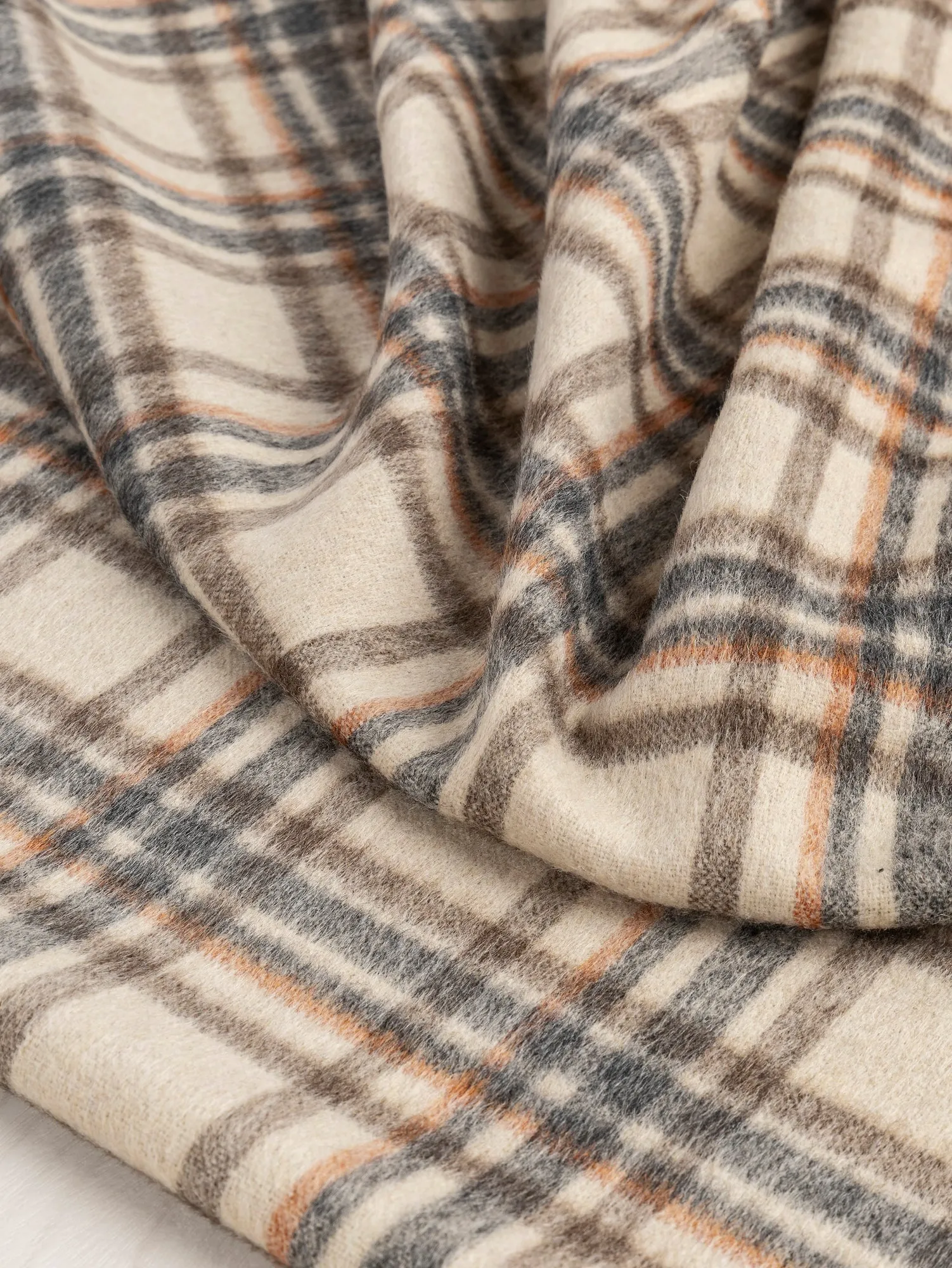 Large Plaid Brushed Wool Blend Deadstock - Cream   Brown   Blue   Orange