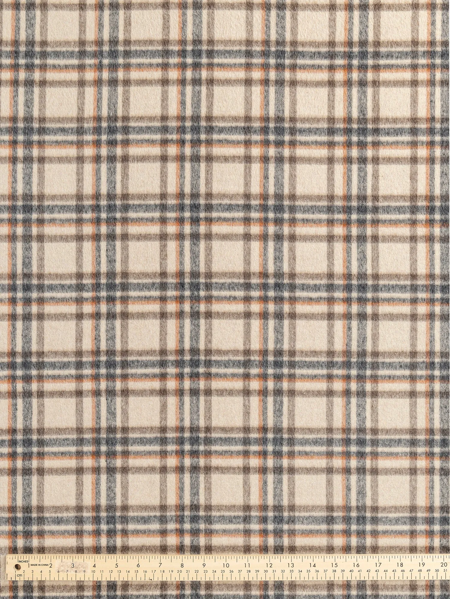 Large Plaid Brushed Wool Blend Deadstock - Cream   Brown   Blue   Orange