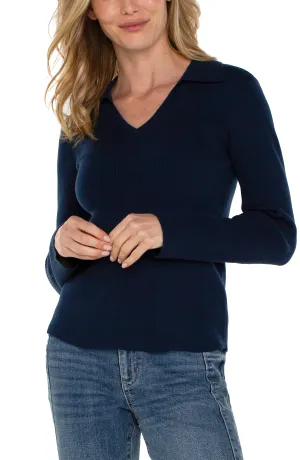 Liverpool Long Sleeve V Neck Collared Sweater (Dark Navy)