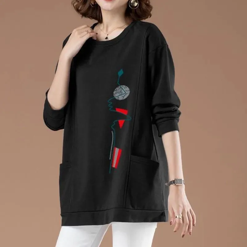 Loose O-Neck Bright Line Printing Basic Thick Middle Aged Mother Clothing Cotton Two Pockets Multiple Colors Sweatshirts Casual