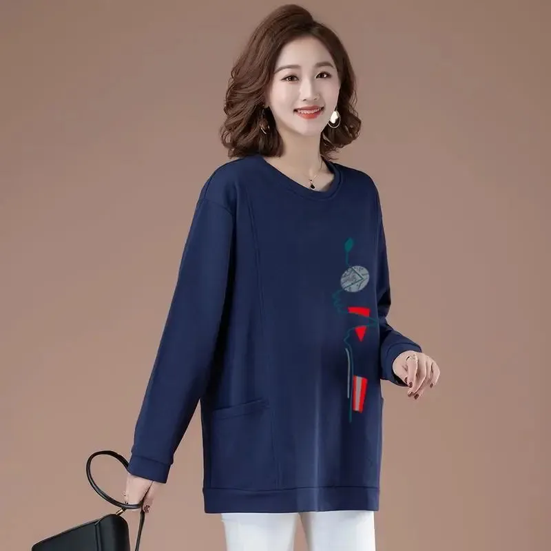 Loose O-Neck Bright Line Printing Basic Thick Middle Aged Mother Clothing Cotton Two Pockets Multiple Colors Sweatshirts Casual