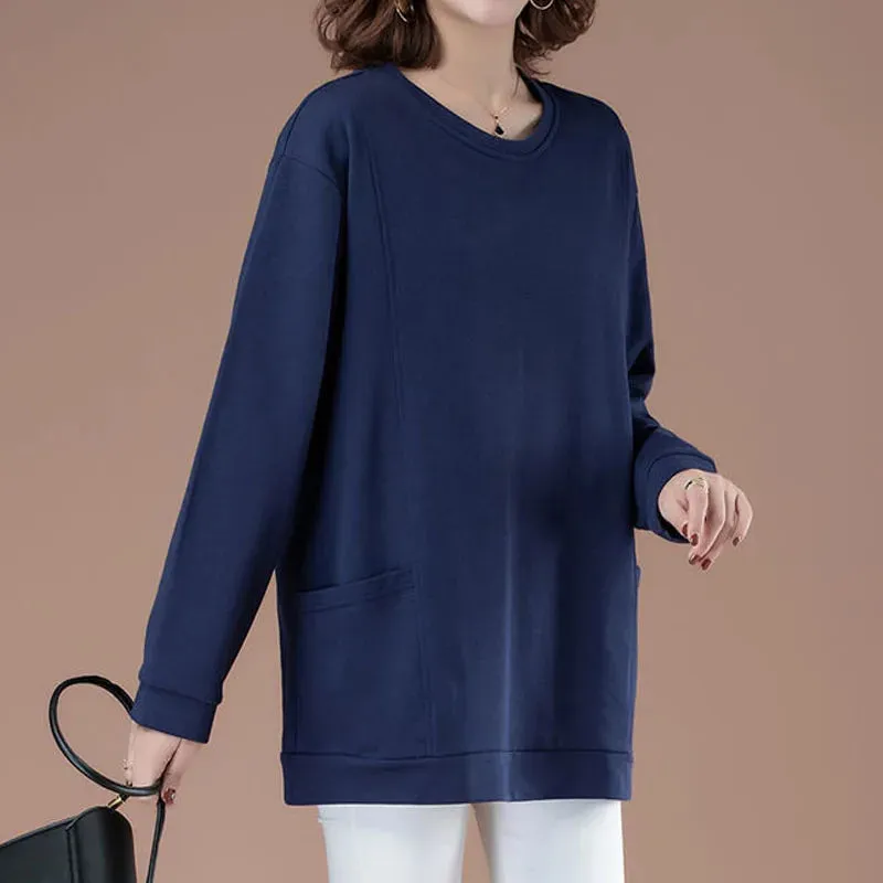 Loose O-Neck Bright Line Printing Basic Thick Middle Aged Mother Clothing Cotton Two Pockets Multiple Colors Sweatshirts Casual