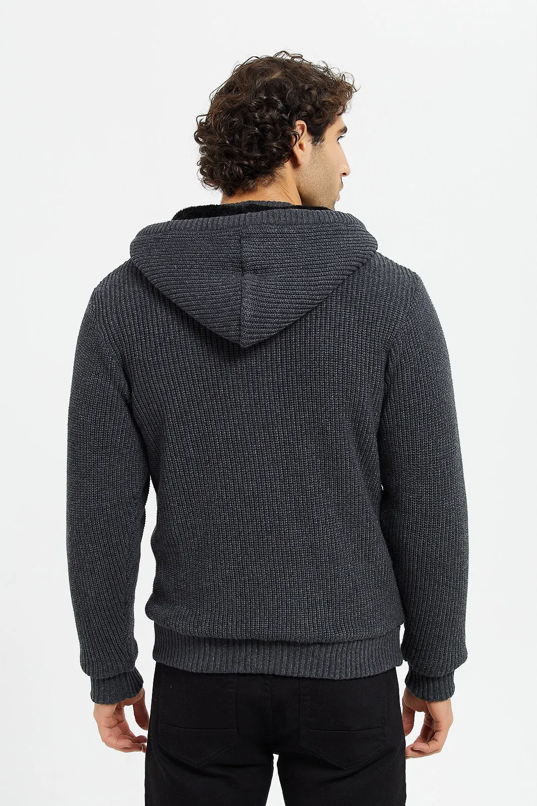 Men Charcoal Knitted Zipper Hooded Jacket