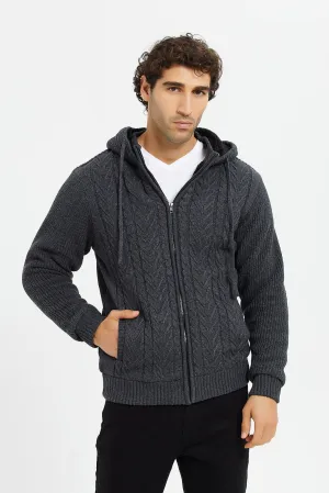 Men Charcoal Knitted Zipper Hooded Jacket