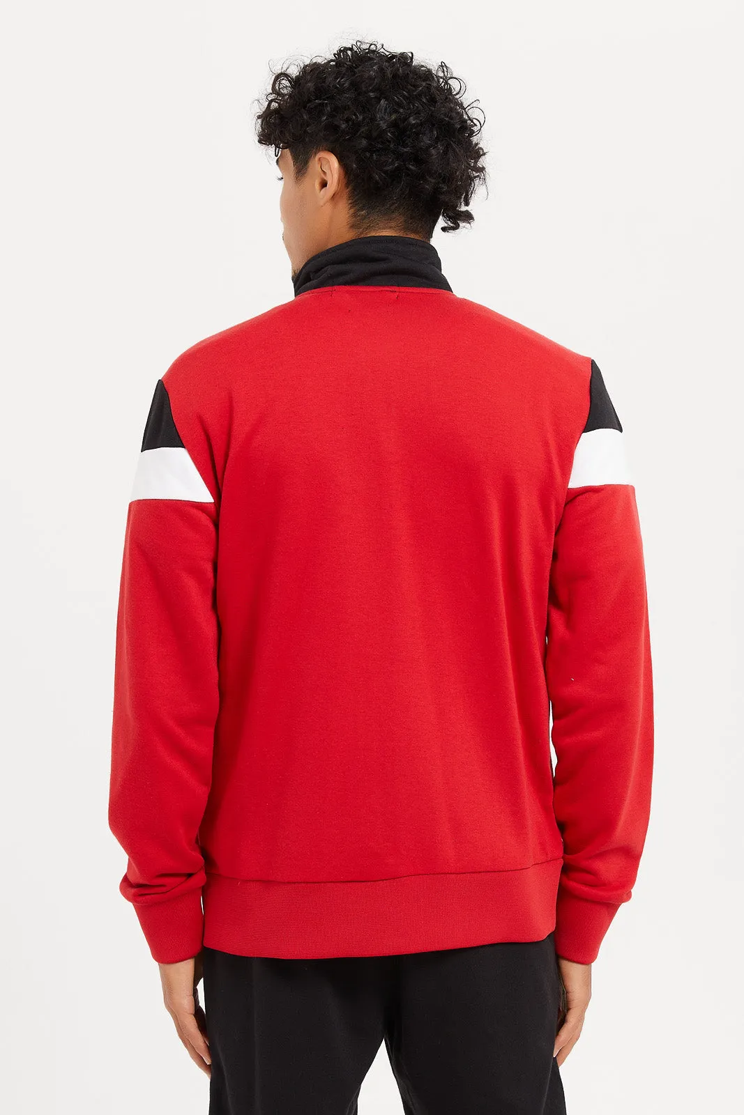 Men Red High Neck Zip Through Sweatshirt