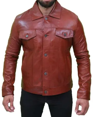 Men's Vintage Classic Brown Leather Trucker Jacket