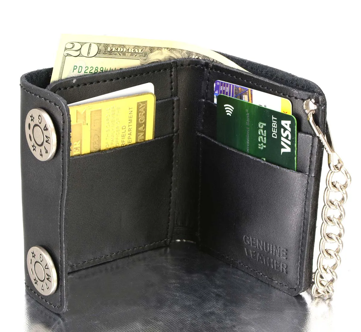 Milwaukee Leather MLW7822 Men's 4.25” Leather Bi-Fold Biker Wallet w/ Anti-Theft Stainless Steel Chain and 44 Mag Nickel Snaps